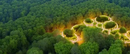 top view a open top huge library in forest with mystic fireflies and orange mystic lights around trees that have wide leaves and broad trunked at night.