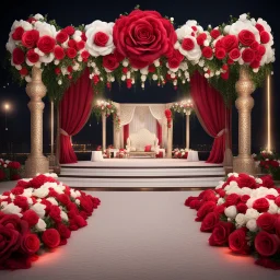 Hyper Realistic Beautiful Traditional Wedding Stage decorated with Red & White roses at Night