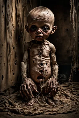 creepy sad baby, body made of dirty, holey burlap, burlap has a big head, one eye is hanging by a thread and there are stitches on the body and head. very thin with two arms and two legs, sitting in the corner of his dirty room in a dilapidated house, dimly lit, detailed, thriller, creepy stunning