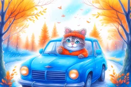 Cute little happy cat scarecrow riding a luxury car, forest path background, winter, snowflakes swirling, waterfall, reflection, mist, sunrise, smooth intricate photorealistic hyperrealistic high definition beautiful lighting pencil sketch watercolor dramatic lighting storybook illustration polished Deep shadows deep color warm light shiny glitters