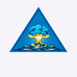 a blue nuclear explosion mushroom cloud inside an equilateral triangle, radiant lines, vector logo