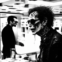 long shot profile decaying shambolic zombie in an 1980's mall at a sunglasses kiosk who is looking into mirror with sunglasses on, by Simon Bisley and Stephen Gammell