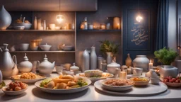 Hyper Realistic Iftar-Preparations on Kitchen-Counter with Ramadan Decorations inside home at night.