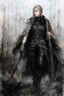 A female cleric dressed for the cold with a sword.