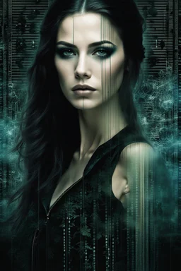 double exposure collage portrait from digital wall in the matrix with binary codes, numbers, strange dark colors plants, shadows and thin black sharp lines with shadows and dark spots. The zippered edge of the photo is down and the background is a young woman's pale face gothic make up, long, big hair. high detailed, cinematic, thriller mood, dark weird art style