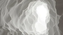 Masa blanca perforada por huecos irregulares, la luz entrando como un corte suave, el interior respirando una penumbra ritual que parece contener un eco remoto; white mass pierced by irregular voids, light entering as a soft incision, the interior breathing a ritual half-light holding a distant echo.