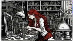 Victorian red long hair woman leaning over a desk, working on a tiny clockwork machine, while looking through a magnifying glass, in a dark laboratory, full of devices and machines