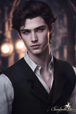 teenager handsome elven, with long pointed ears and brown eyes, short brown hair, wearing a steampunk style trench coat