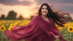 Hyper Realistic Close-up-view of a Beautiful-Young-Happy-Pashto-Woman-Smiling with beautiful-long-black-hair-&-pink-dress-with-maroon-shawl & breeze-whirling in a sunflower-field with a tree behind & cloudy-sunset showing dramatic & cinematic ambiance