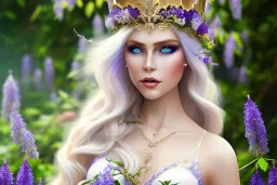 Fantasy cute elf with transparent wings, smiling, make up, long blond platinum hair, blue eyes, crown, beautiful dress, wisteria flowers and mushrooms in background, HQ, high key lighting, volumetric light high details