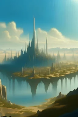 Light Glimps of a giant fantasy city. long shot from very far away. City is very small because its very far away.