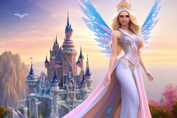 castle in background, beautiful, soft, big smiling, straight and long blonde hair, blues eyes, dewy and shiny atmosphere, diamond crown, long fairy wings in the back, full head, pink veil clothes