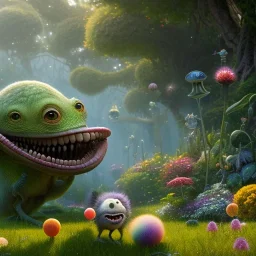 pixar style, volumetric summer garden environment and background, realistic painting of a creepy alien smiling, looking excited, detailed digital painting, extreme dense and fine fur, anime, ornate, colour-washed colors, elegant, small minutiae, tiny features, particulars, centered, smooth, sharp focus, renderman gofur render, 8k, uhd, detailed eyes, realistic shaded volumetric lighting, sunlight caustics, backlight, centered camera view