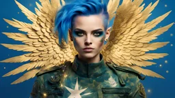 beautiful Punk woman Angel 30 years old, military clothing, mystical, bright colors, creative hairstyle, tattoo, piercing, photorealistic image, military, camouflage clothing, gold, blue background, sparkles, fine rendering, high detail, 8K