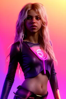 Shakira, artist, 30 years old, Realistic image, waist up portrait, etro style dress. Blonde, loose long hair, eyes make up, perfect, glow, circle iris. Neon colors, leds, geometric shapes. Dark background, photo studio, neon lights. Cyberpunk, concept art, smooth, unreal engine 5, god lights, ray tracing, RTX, lumen lighting, ultra detail, volumetric lighting, 3d, finely drawn, high definition, 4k.