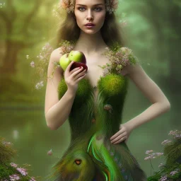 delicate hands with apple, upper body of dark celtic selda, fast walker, as a brunette young cute feminine woman, short hair, green forest background, pond, mega flowers,peacock,sun light