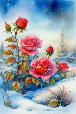 magic Winter landscape, blooming roses in the snow. Jean-Baptiste Monge style, watercolor, ink. Picturesque and colorful. Bright colors of the ring exquisitely luxury chic aesthetics photo harmony professional photo 64K pixel graphics high detail bright lighting