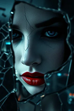 Close-up shot. A cracked pale face deep gaze dark makeup and lips figure through looking a fractured cracked glass pane, revealing glimpses of a surreal hightech cityscape. Hyperrealistic, sharp focus, intricate details, surreal style by Dali, Bosch, Kandinsky, beautifully shot. High contrast, cinematic, dark gloomy, atmospheric, moody. 64 megapixels, perfect compositi