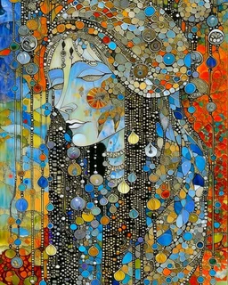 Mixed media painting "Hetairas in the autumn ". Acrylic, ink and sunken relief. Original oil painting by Margaret Macdonald Mackintosh. Style Edouard Vuillard. silver and full-colour illustration. Drifting, gouache with beads, sequins, and gold. in icy cool blues, aquas, warm siennas and ochres, Zentangle, Mosaik, patchwork