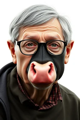 half grey haired half bald Bill Gates with a gremlin cow with big lipstick mouth, big lips