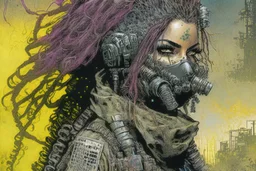 front facing full length portrait illustration of a grunge armored female with beaded dreadlock hair cyberpunk vampire mercenary with gas mask, telecommunications headset, and shemagh, highly detailed with gritty post apocalyptic textures, toxic irradiated landscape, finely detailed facial features and hair, in the graphic novel style of Bill Sienkiewicz,