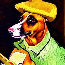 oil portrait of a dog with hat reading a book and smoking a wooden pipe by Van Gogh 8k