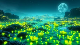 landscape covered in fluorescent algae that looks futuristic with futuristic lighting, realistic rendering