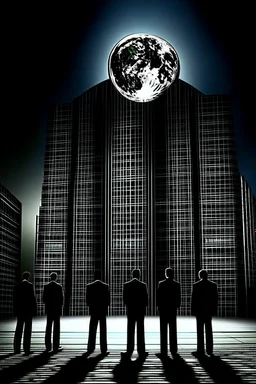 THE MOON HIDDEN SHADOWY FIGURES in old abandoned skyskraper meeting big brother STYLE OF HIROKU OGAI