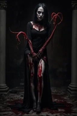 Demon goth woman, leaning pose, full body, squid, creepy, horrifying, sinister, blood, 8k, macro photography,