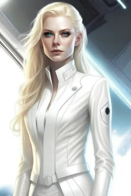 Femme galactique, cheveux lumineux. Chef commandant d'une flotte de vaisseaux. Archange combinaison blanche lumineuse, dans un vaisseau blanc très lumineux. Très haut grade et très féminine.