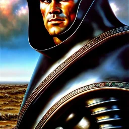 portrait of 'Guts-Berserk',ancient metal armor,painting by Earl Norem, simon Bisley, evan lee, 86-86, oil on canvas, cinematic composition, extreme detail,fit full head inside picture,8k