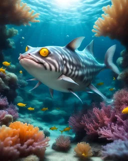 Create a beautiful fantasy Catfish (Ariopsis felis) swimming through the coral reef in the Hendry Peninsula. The Flo 'n Images style has a catfish with cat faces as skin swimming in water with some bubbles and sun rays filtering in. A beautiful sea life scene with a Catfish composed of cats instead of skin on it body.