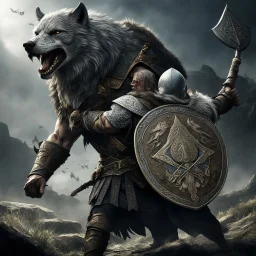 Assassins Creed Eivor Viking aesthetic, Eivor in battle with ornate wolf-insignia shield protecting himself from a Friar's morningstar attack, Unreal Engine 5, hyperrealism, dark fantasy, shield-core, beautiful, dramatic, cinematic, stunning