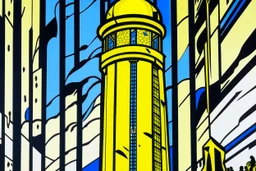 A yellow clock tower made out of gel in a thunderstorm painted by Roy Lichtenstein
