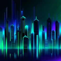 Digital and futuristic illustration of a minimalist and digital city with a dark background and gradients with light blue, light green, and purple.