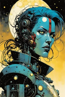 create an ethereal, otherworldly robotic female time traveler , in the comic book art style of Mike Mignola, Bill Sienkiewicz, and Jean Giraud Moebius, with highly mechanical parts and feminine facial features , finely inked , dramatic natural lighting