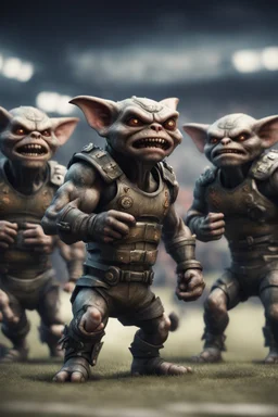 hyper violent gremlin rugby team in the Olympics in the style of Giger and fallout 4 ,,bokeh like f/0.8, tilt-shift lens 8k, high detail, smooth render, down-light, unreal engine