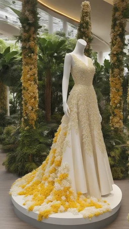 A mannequin wearing a dress, Philippines national custome dress inspired by jasmine flower, sampaguita, Philippines national flower, jasmine flower dress, jasmine flower, white jasmine flower, dress displayed on mannequin, beautiful, very beautiful dress, fantasy dress, magical dress, elegant, full body, full body frame, ultra realistic, aesthetic, yellow and white pastel color, sequins, bedding, made of crystal, sexy, magical, fantasy, ethereal, sparkly, glowing, glittery dress, artistic style