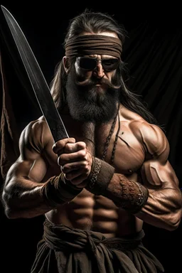 An incredibly muscular, blind Gypsy man wearing a blindfold over his eyes and holding a massive broadsword