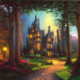 Gothic castle at night, in the forest by thomas kinkade