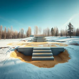 Photograph, wasteland, taiga trees, bright, brutalist steps, daylight, all'aria aperta, icy pond, sky, brutalist, liquid, polvere, open air museum style, blue, apparecchi elettronici, powder, punto giallo, minimalist, details of the dust very accentuated, deep 3d field