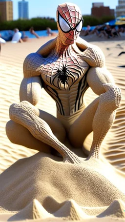 spiderman become sand statue, body made from sand material, ultra realistic, 4k, ultra detail, full body, perfect