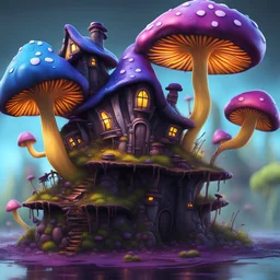 A weird mushroom house with drippy spots on a floating space island. black blue purple yellow. Detailed gloss Painting, rich color, fantastical, intricate detail, splash screen, hyperdetailed, insane depth, concept art, 8k resolution, trending on artstation