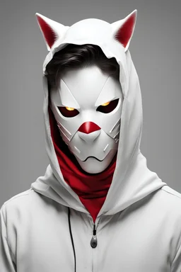 a young man with yellow eyes, he is wearing a white cat mask, he has a red hood over his head