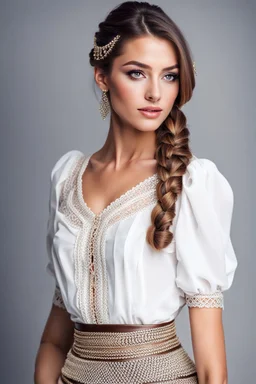 upper body closeup of very beautiful lady skirt and bluse , Braided hair ,standing idle pose in studio pretty makeup