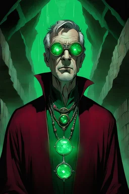 older man with green eyes, wearing jeweled cloth over his mouth and steel goggles with short brown hair in Burgandy and green robes wearing a silver and emerald necklace and emerald rings, standing in a underground farm with biolumencent red glowing stones, Dave McKean Art style