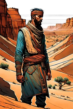 create a surreal full body 3/4 profile portrait illustration of a lost nomadic wanderer with highly detailed, sharply lined facial features at the precipice of insanity in the shadowed canyon lands of oblivion in the comic art style of Enki Bilal, precisely drawn, boldly inked in arid desert colors