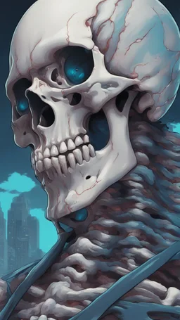 a close up of a person with a skull on their head, blue and black colors, anime skull portrait man, scary detailed art in color, hiroyuki-mitsume takahashi, nychos art aesthetic, half man half skeleton, anime cyberpunk art, colored manga art, rossdraws pastel vibrant, cold colors. insanely detailed, beautiful anime portrait, stunning anime face portrait, scary art in color