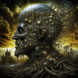 Abstract surreal dream of terror, heavy metal album art CRADLE OF FILTH, artistically grotesque, cosmic lights and shadows, by Tomasz Setowski and victor Pasmore and Vladimr Kush and Zdzislaw Beksinski