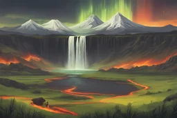 big waterfall, green fields, northern lights, a mountain volcano with lava in the background,